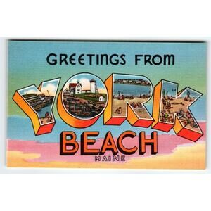 Greetings From York Beach Maine Large Big Letter Postcard Linen Unused Vintage